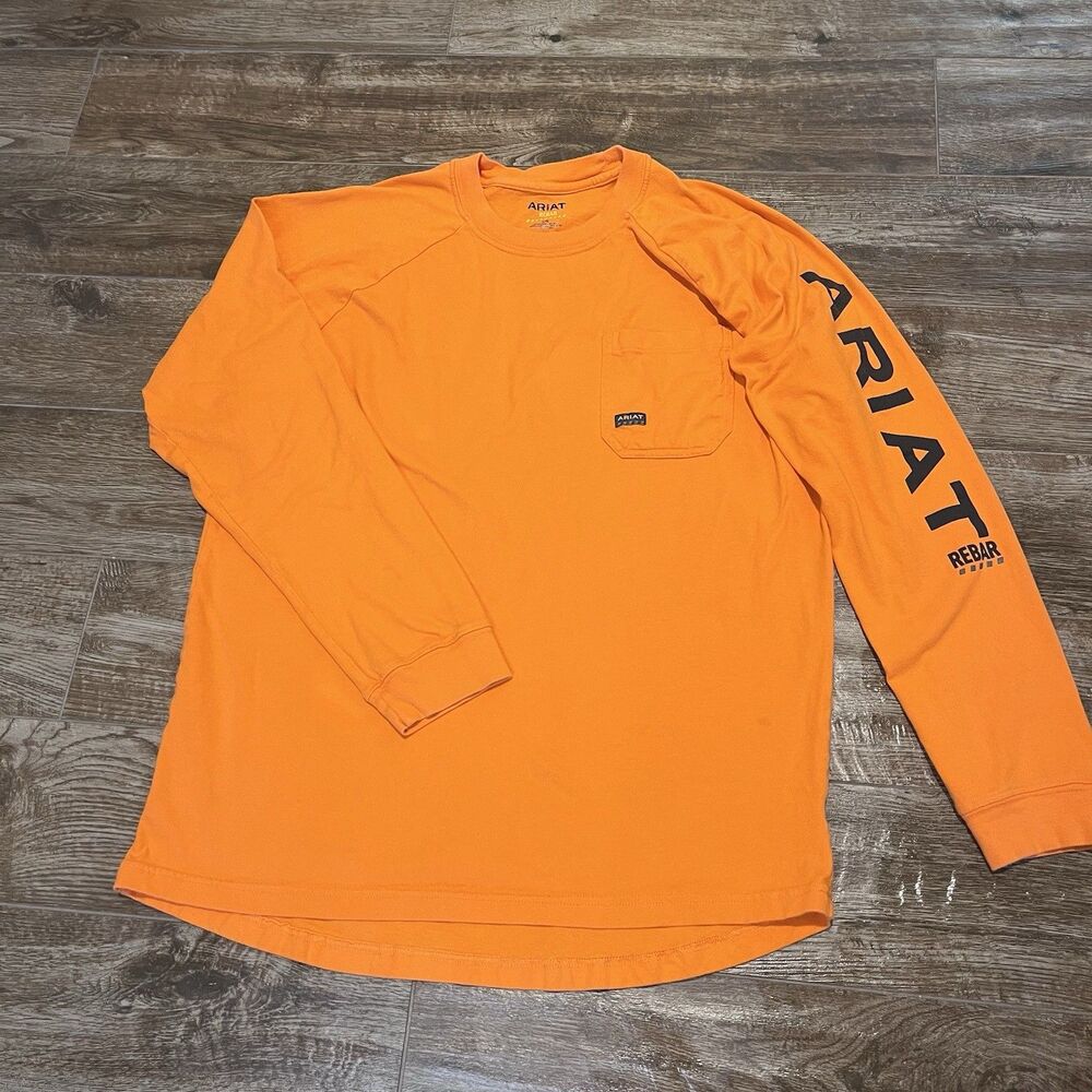 Ariat Rebar Shirt Men's Large Orange Workman Pocket Tee Workwear Long Sleeve